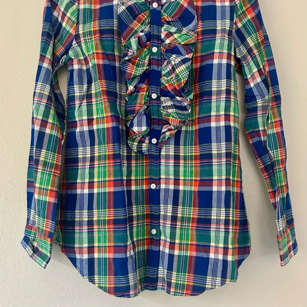 Ralph Lauren Plaid Ruffle Front Button up Shirt girls 16 Preppy Tartan western